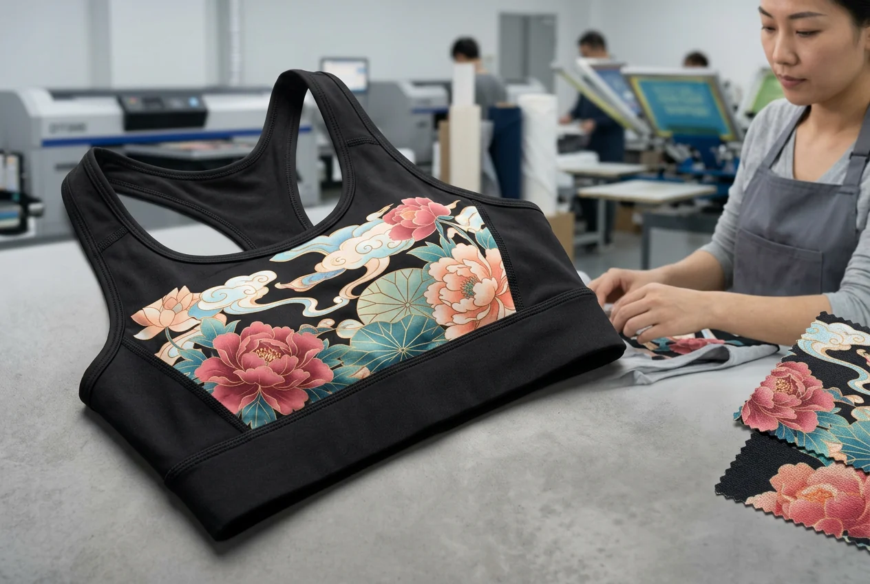 DTG fine-detail full-color print on yoga sports bra panel