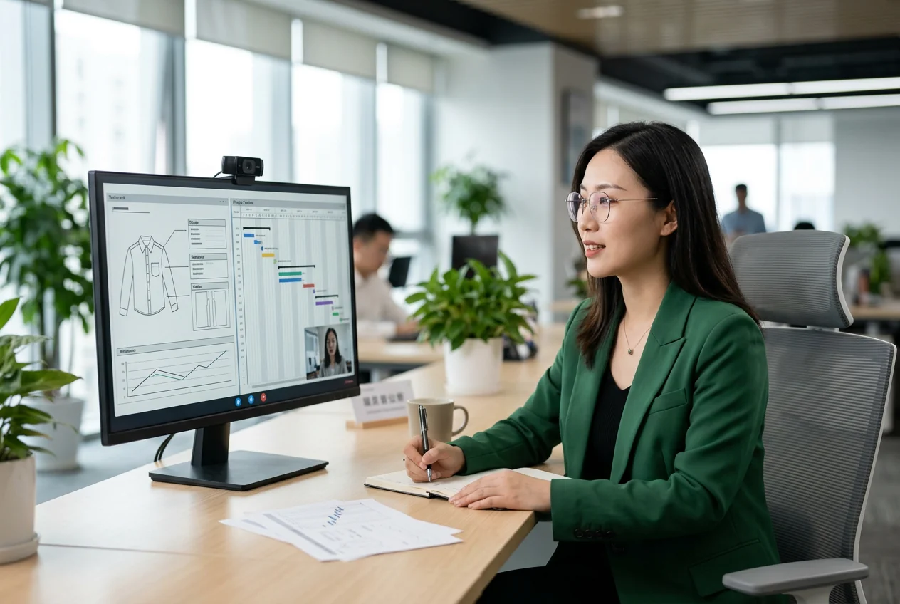 Dedicated account manager on a video call with a brand client, screen showing a tech-pack and timeline