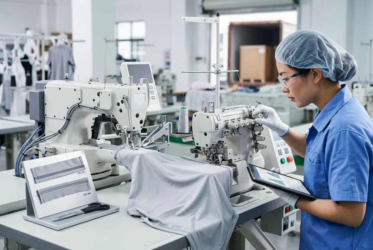 Automated single-needle and overlock sewing cells &mdash; calibrated weekly for stitch tension and seam consistency