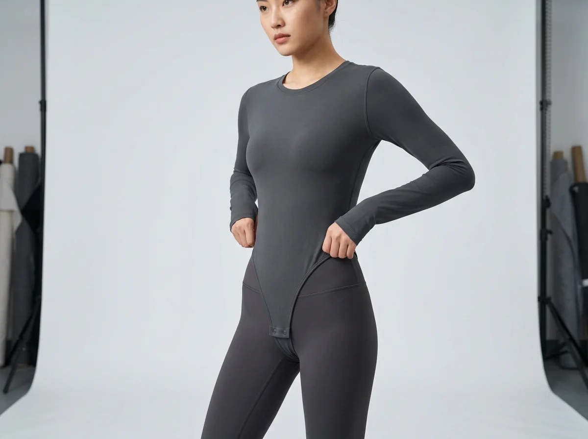 Bodysuit styled as inner layer under leggings