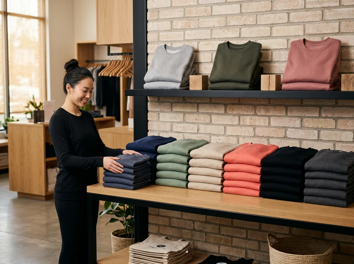 Brick and mortar yoga boutique retail display with sweatshirts