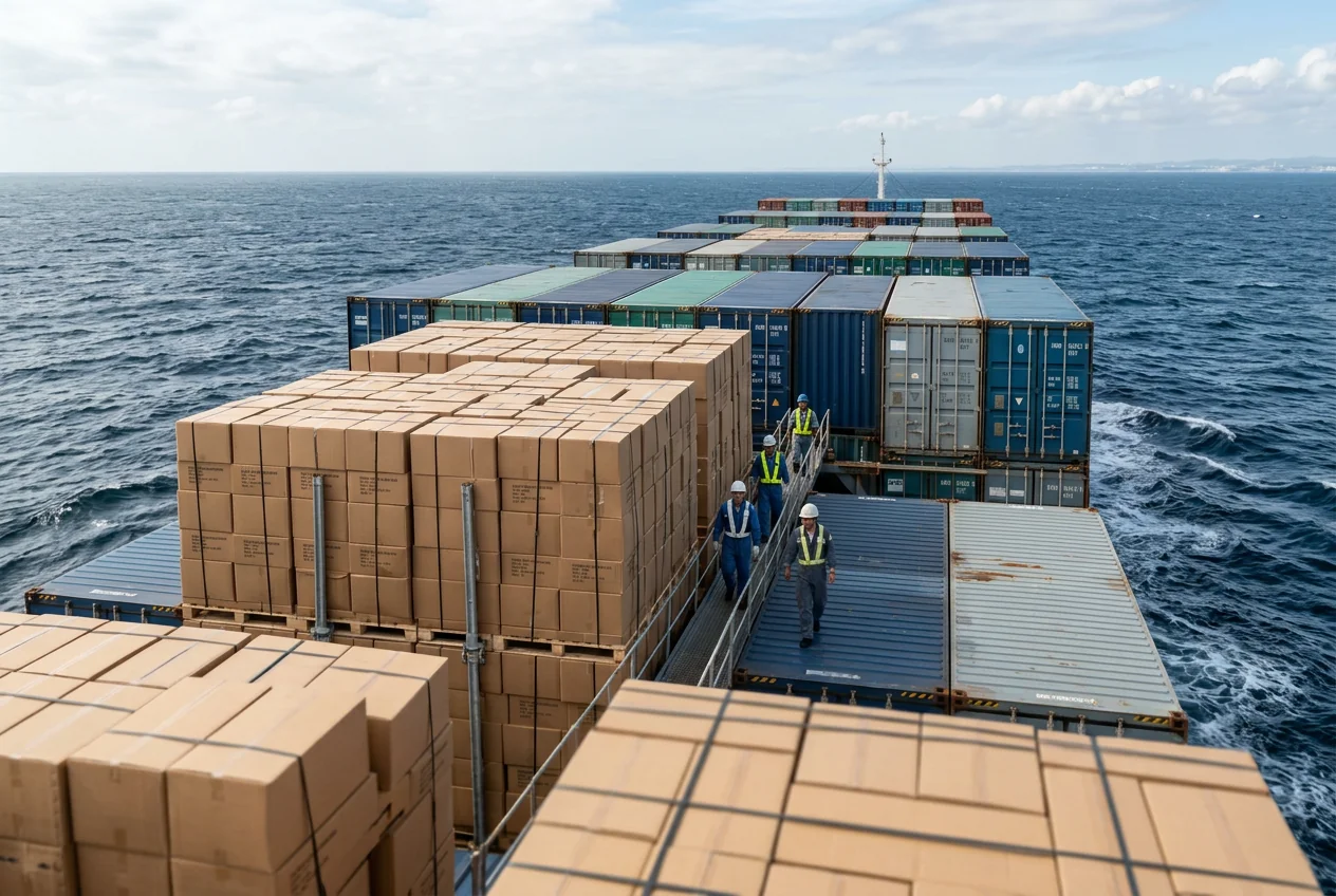 CIF ocean transit &mdash; container ship deck loaded with wholesale yoga apparel cartons in transit