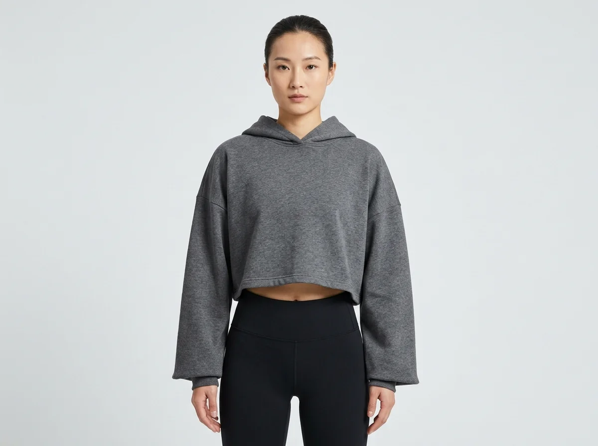 Cropped hoodie — above navel hem, pairs with high-waist leggings