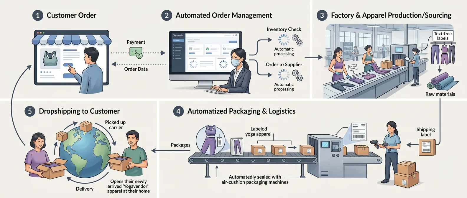 5-step dropshipping fulfillment workflow diagram for yoga apparel