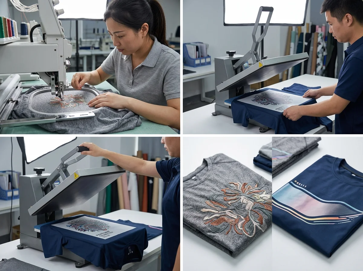 Decoration methods including embroidery and heat transfer detail