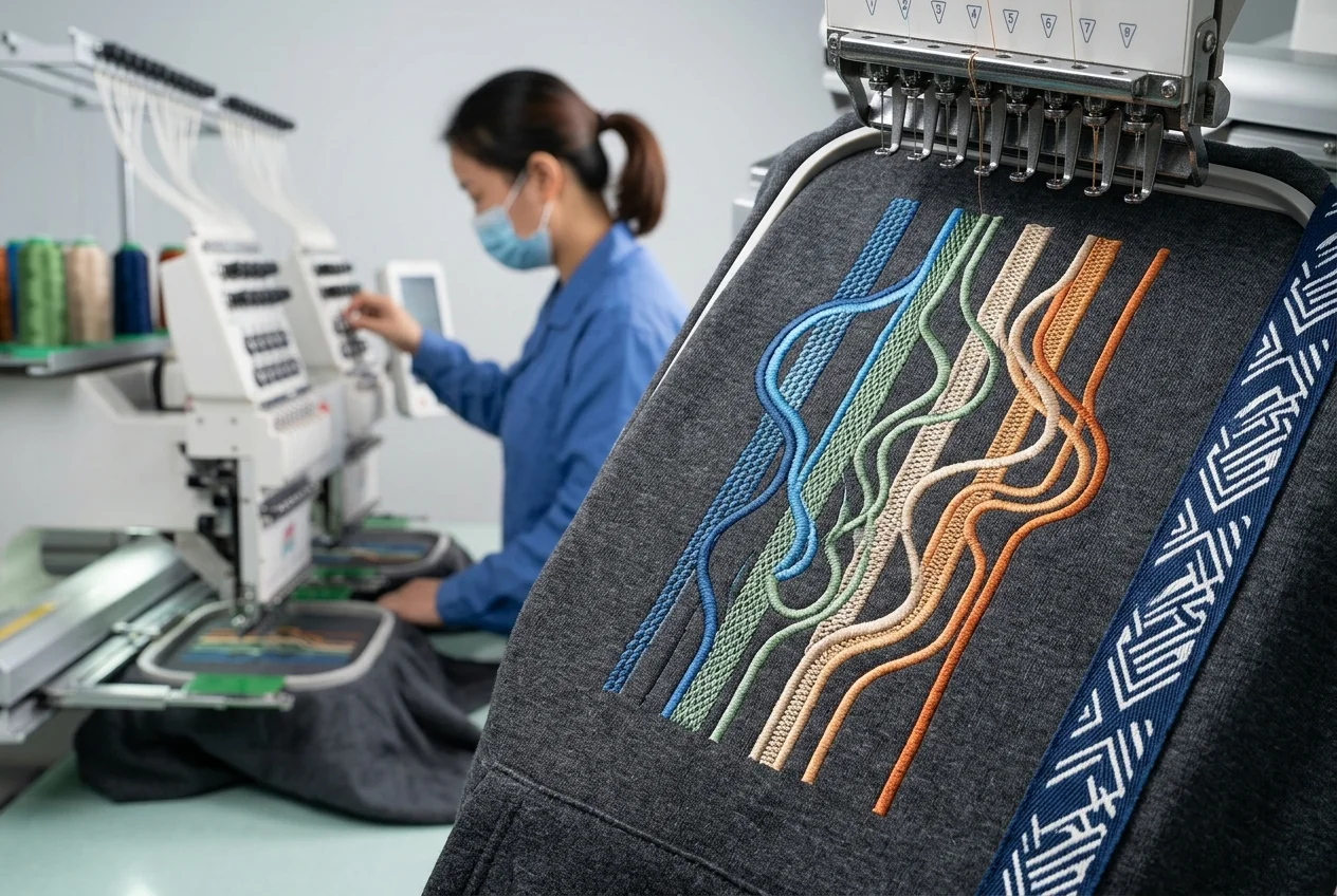Embroidery on yoga hoodie chest