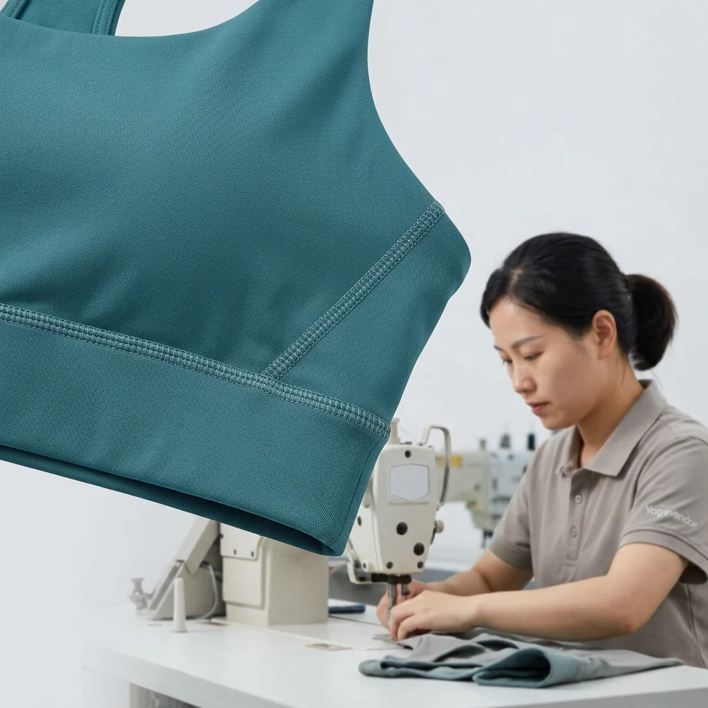 Flatlock seamless hem stitching on yoga sports bra