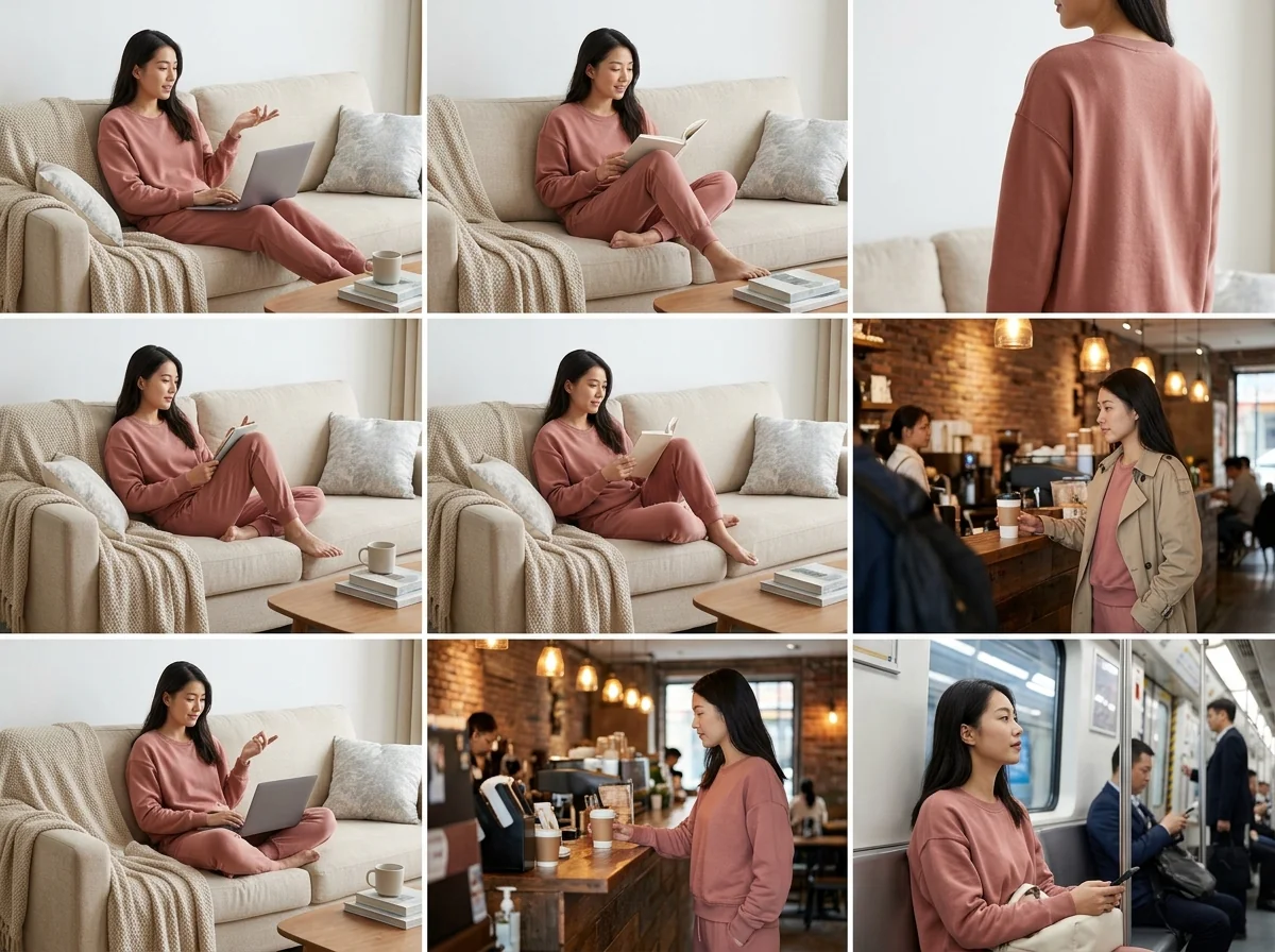 At-home lounge styling on couch with sweatshirt