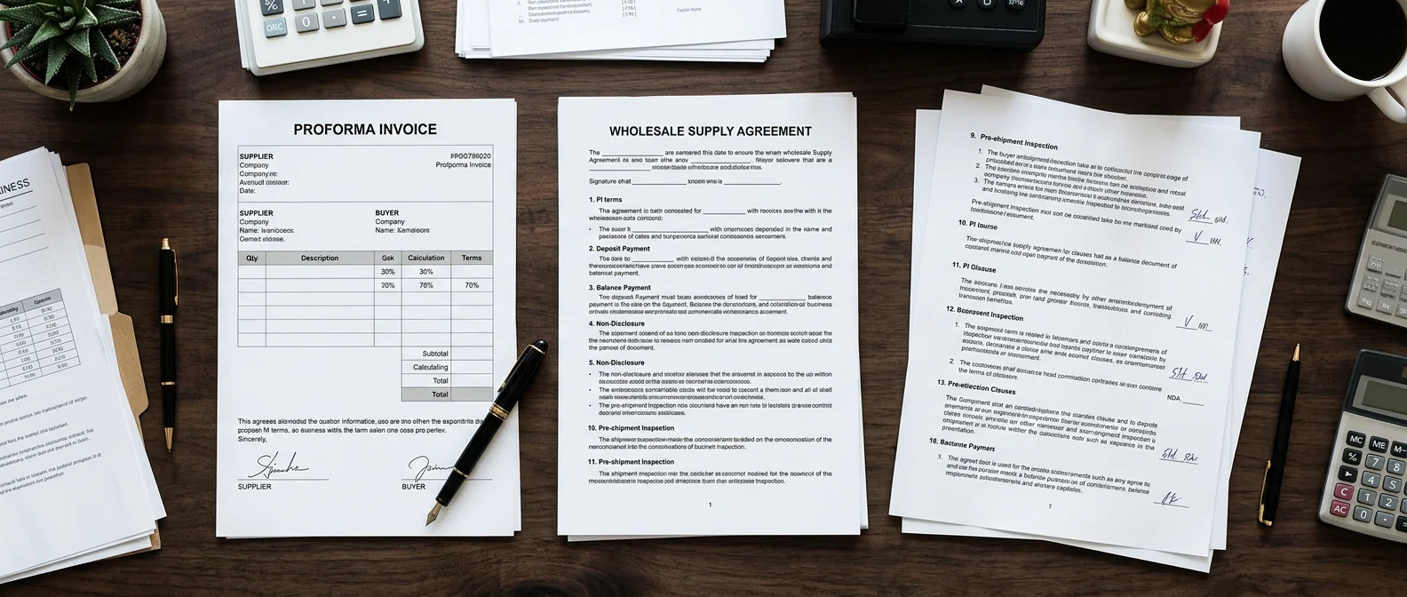 Proforma invoice and signed wholesale contract on a desk &mdash; PI / 30 percent deposit / 70 percent balance / NDA / pre-shipment inspection clauses signed before deposit hits
