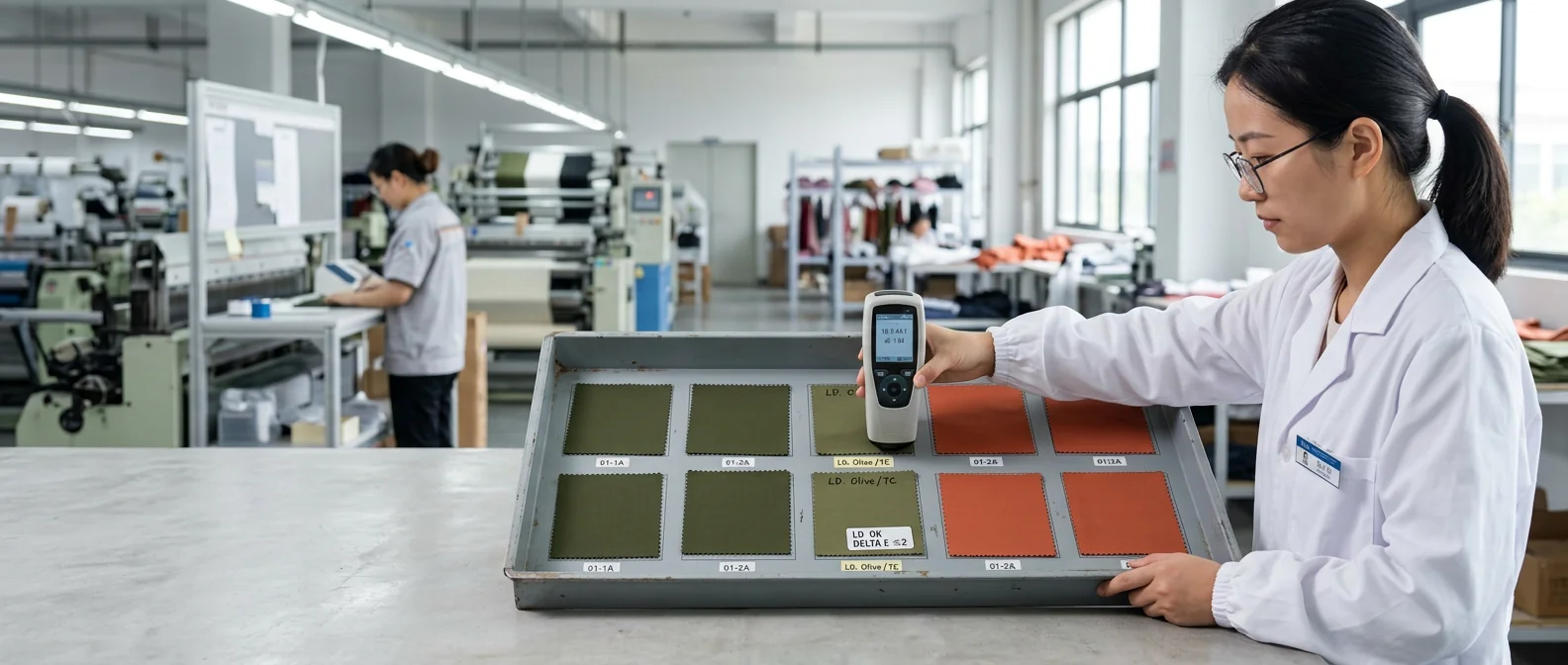 Lab-dip color swatch tray with olive and terracotta yoga fabric samples &mdash; &Delta;E &le;2 color match validation step