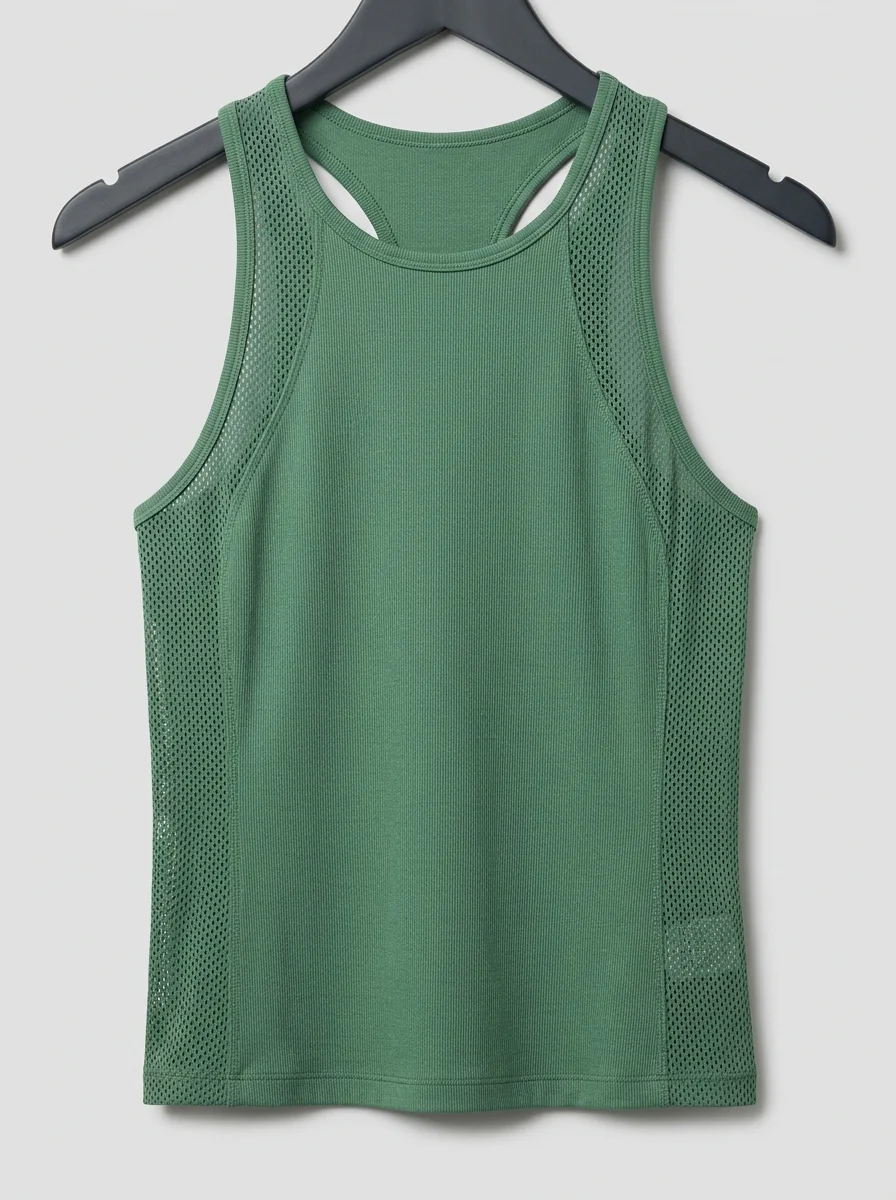 Mesh-paneled tank top for hot yoga ventilation