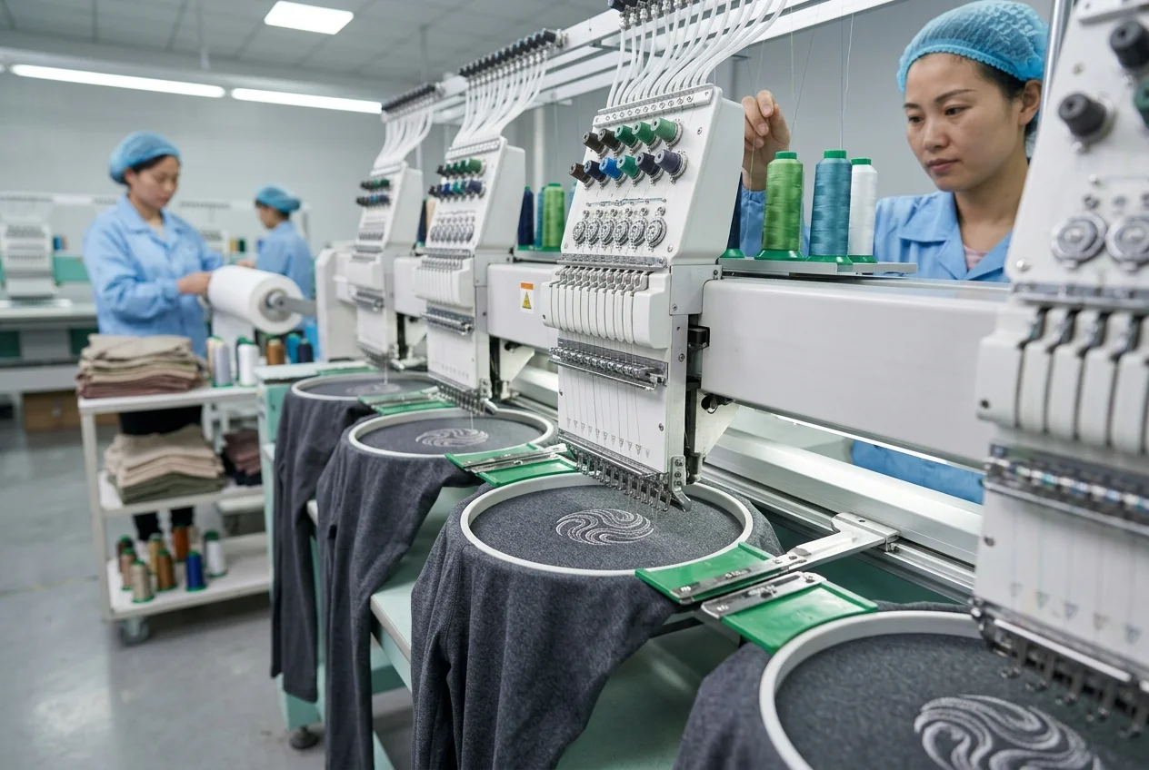 Multi-head embroidery machine stitching yoga brand logos — own work, original moodboards only, never a 1-to-1 competitor copy