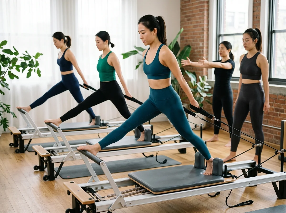 Pilates club reformer class wearing fitted activewear