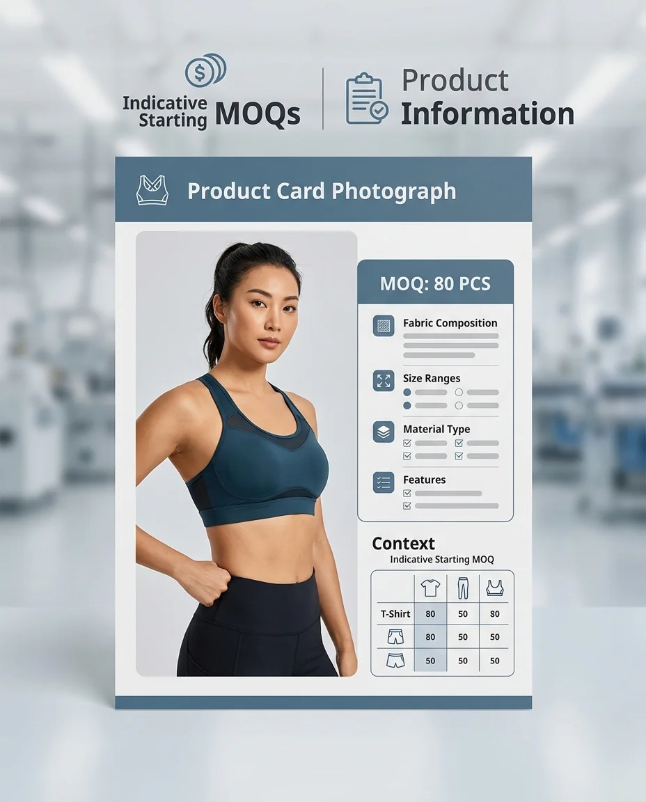 Product card mock showing sports bra MOQ 80 pcs