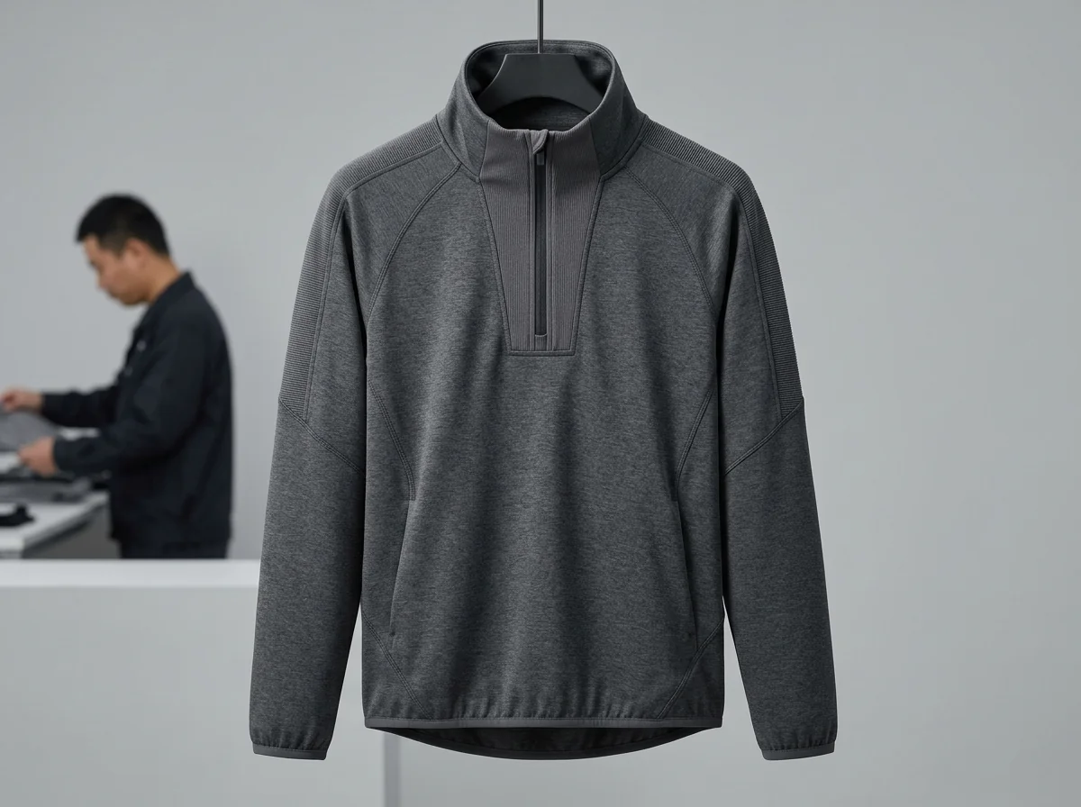 Quarter-zip hoodie — funnel or ribbed collar, technical activewear