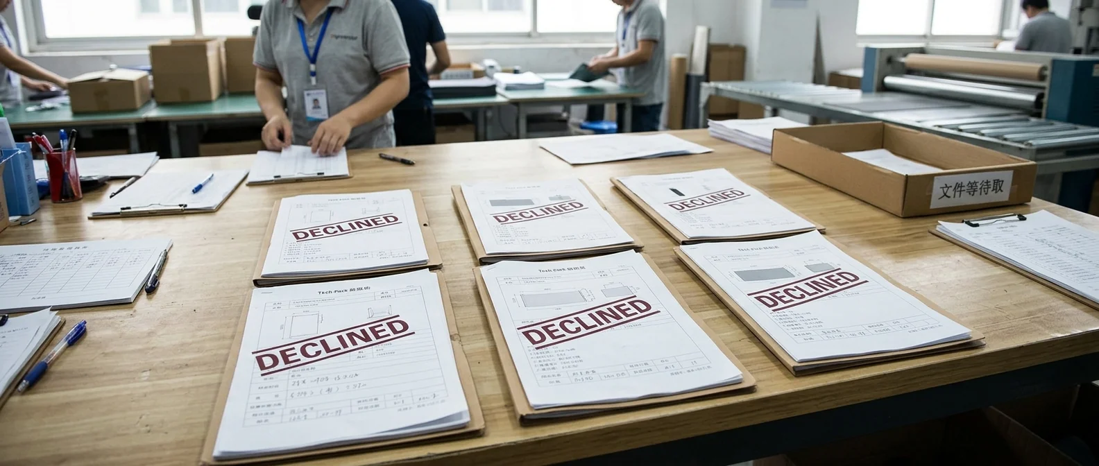 Six tech-pack briefs visibly stamped or marked declined on a factory triage desk &mdash; six things we will not quote on, returned within one business day