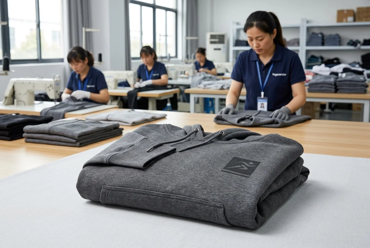 Screen-printed logo block on a folded cotton-blend yoga hoodie