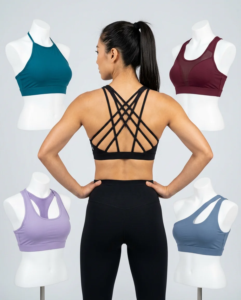 Strappy cage back sports bra — multi-strap aesthetic for IG-driven activewear brands