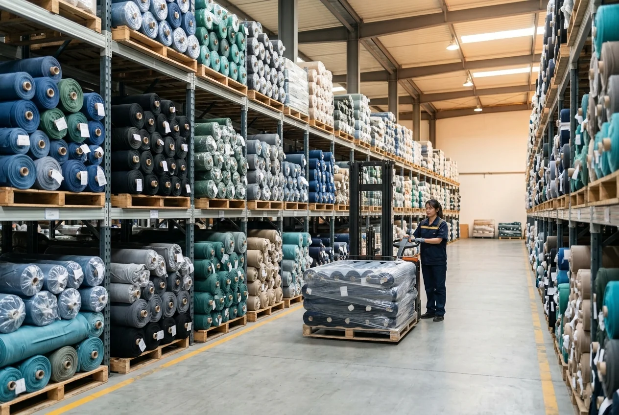 Warehouse aisle stocked with certified four-way stretch and recycled-poly rolls &mdash; stable inventory for repeat POs