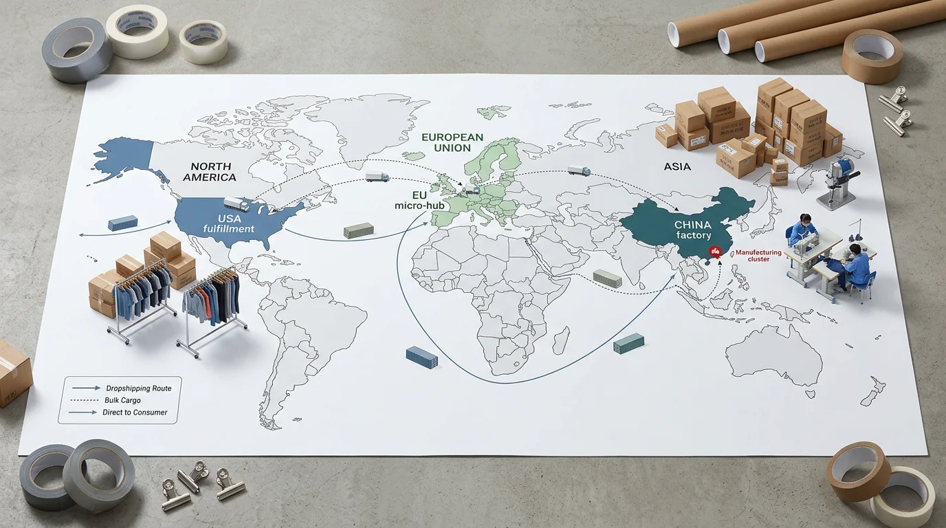 World map showing China, US, and EU warehouse routing for yoga apparel dropshipping