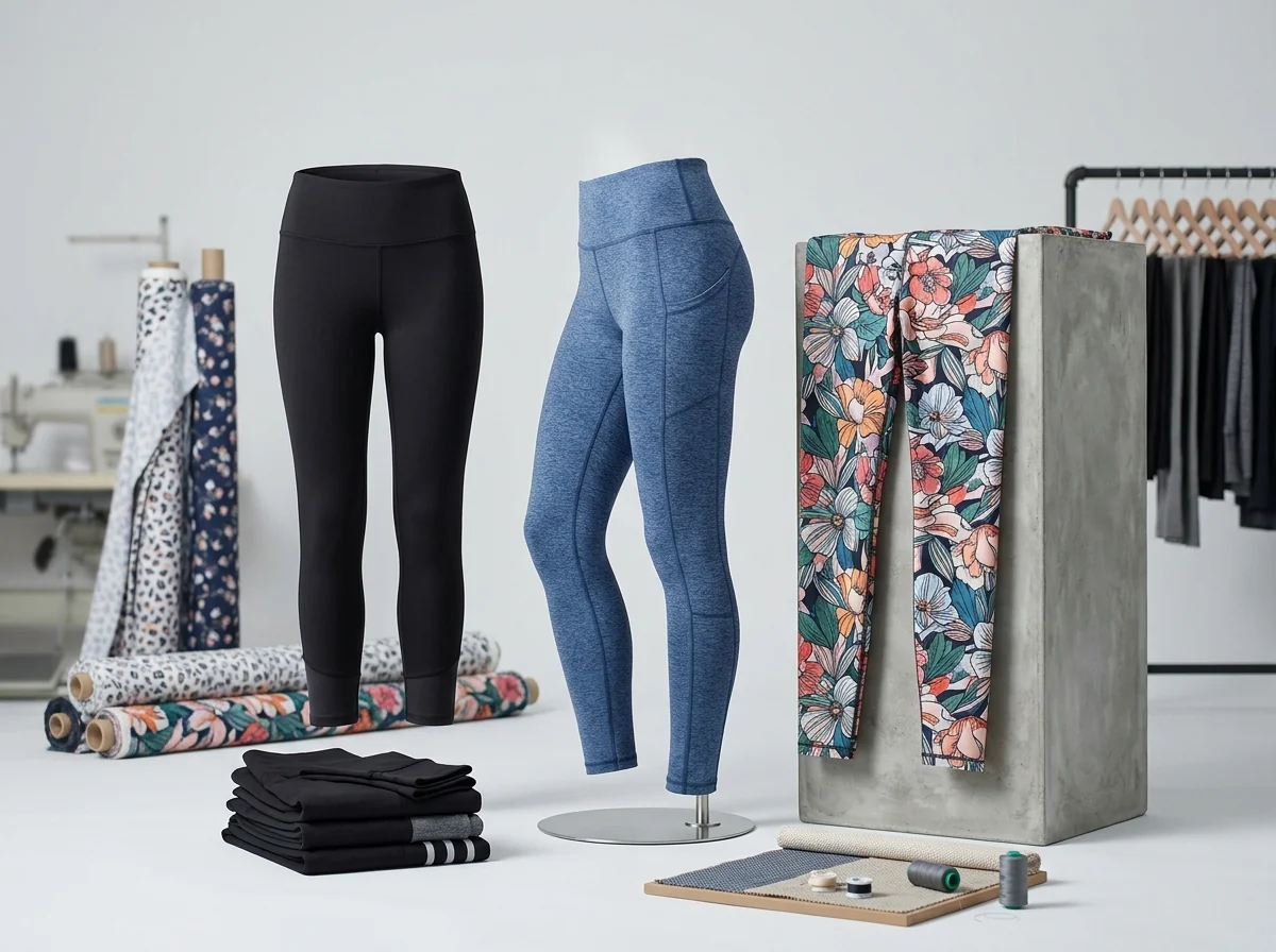 Six yoga legging silhouettes flat-lay — high-rise / mid-rise / 7-8 / capri / flare / biker