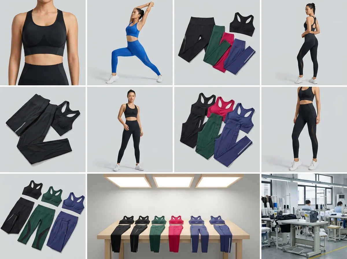 Yoga sports bra silhouettes flat-lay — bralette / racerback / longline / crossback