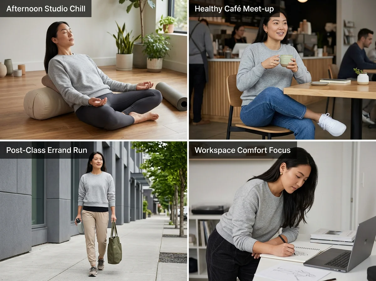 Yoga studio downtime sweatshirt styling on a model